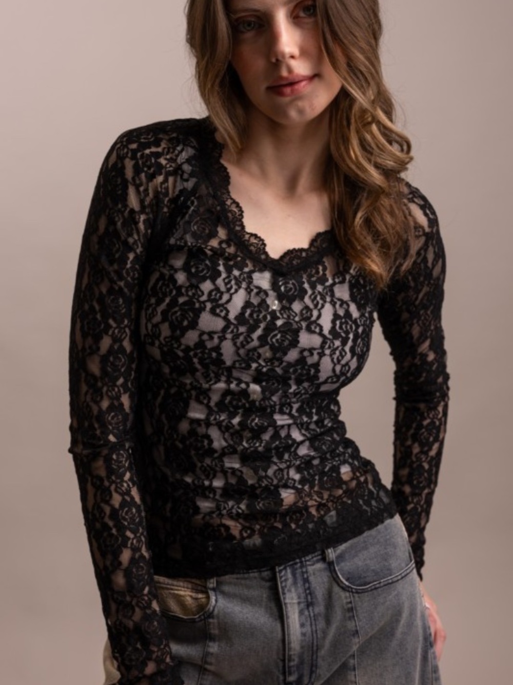 Blue Velvet Black Lace V-neck Top